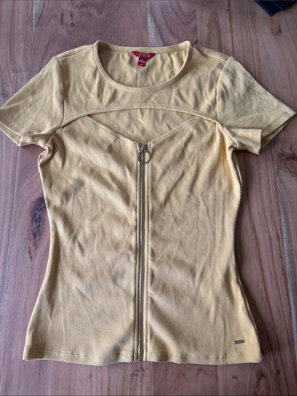 Guess Yellow Ribbed Short Sleeve Zip-Front Tee